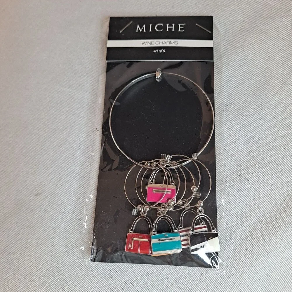 Miche Wine Charms Set of 6 Silvertone Rings with Painted Enamel Purse Designs